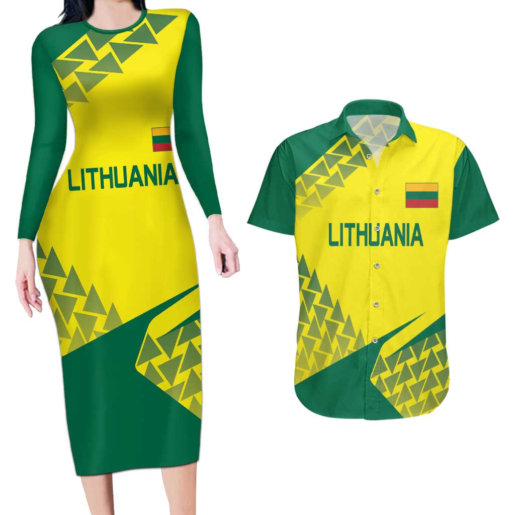Custom Lithuania Volleyball Couples Matching Long Sleeve Bodycon Dress and Hawaiian Shirt Go Champion Sporty Style - Wonder Print Shop