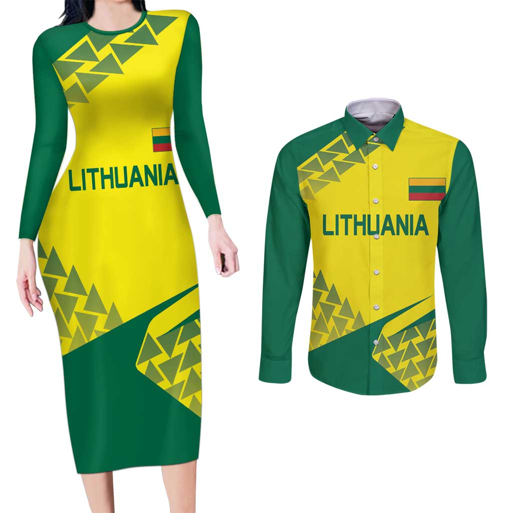 Custom Lithuania Volleyball Couples Matching Long Sleeve Bodycon Dress and Long Sleeve Button Shirt Go Champion Sporty Style - Wonder Print Shop