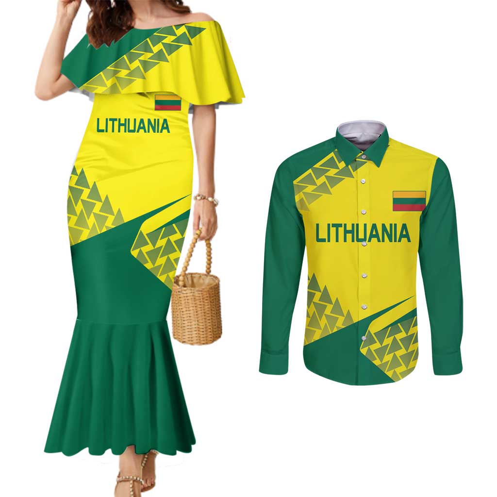 Custom Lithuania Volleyball Couples Matching Mermaid Dress and Long Sleeve Button Shirt Go Champion Sporty Style
