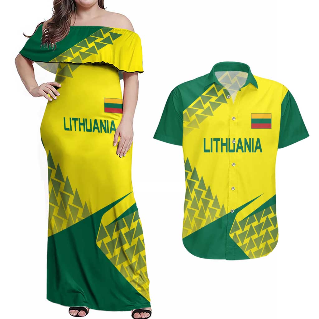 Custom Lithuania Volleyball Couples Matching Off Shoulder Maxi Dress and Hawaiian Shirt Go Champion Sporty Style - Wonder Print Shop