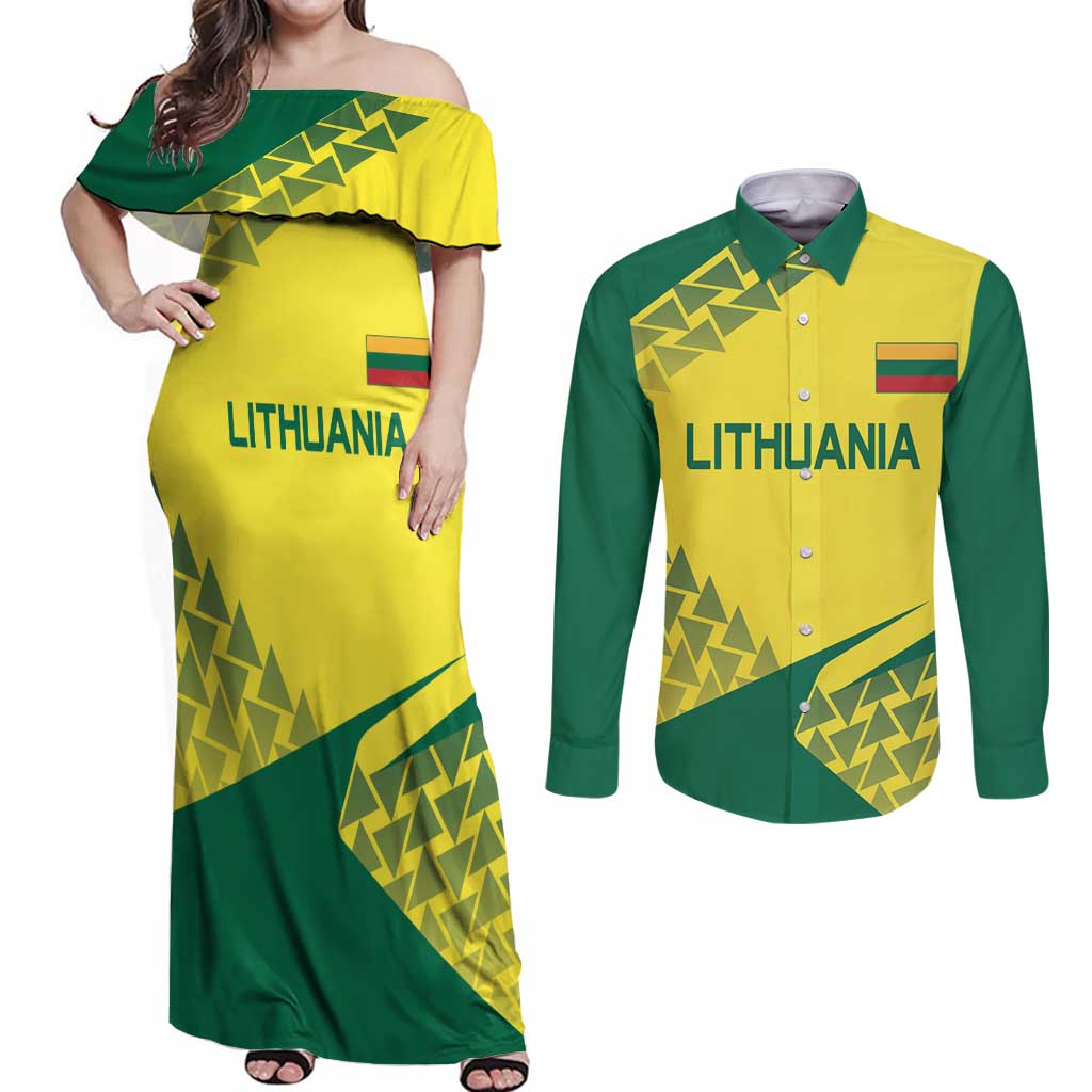 Custom Lithuania Volleyball Couples Matching Off Shoulder Maxi Dress and Long Sleeve Button Shirt Go Champion Sporty Style - Wonder Print Shop