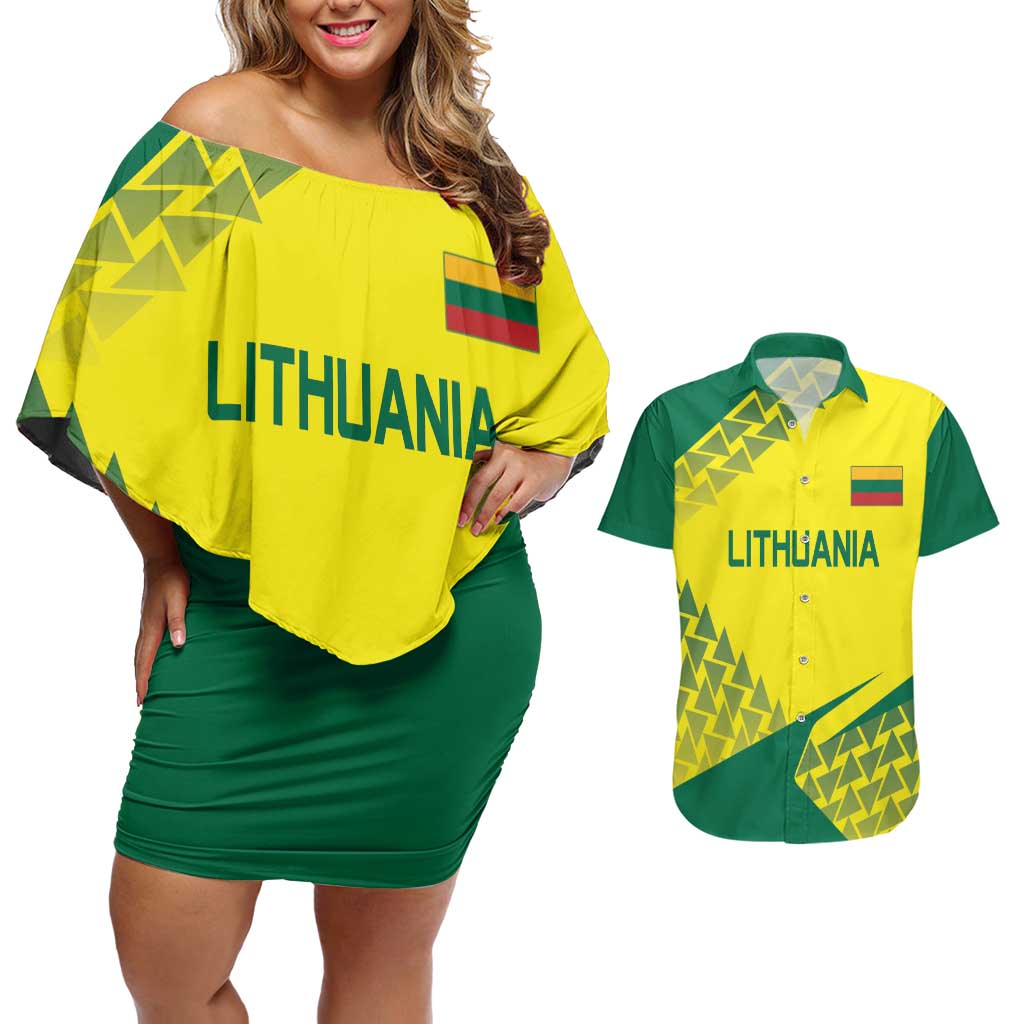 Custom Lithuania Volleyball Couples Matching Off Shoulder Short Dress and Hawaiian Shirt Go Champion Sporty Style - Wonder Print Shop