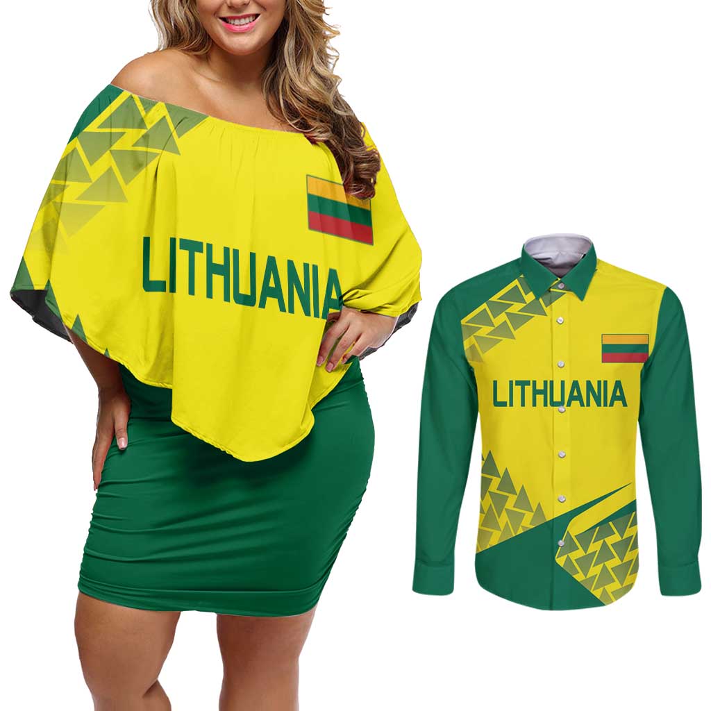 Custom Lithuania Volleyball Couples Matching Off Shoulder Short Dress and Long Sleeve Button Shirt Go Champion Sporty Style - Wonder Print Shop