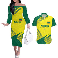 Custom Lithuania Volleyball Couples Matching Off The Shoulder Long Sleeve Dress and Hawaiian Shirt Go Champion Sporty Style - Wonder Print Shop