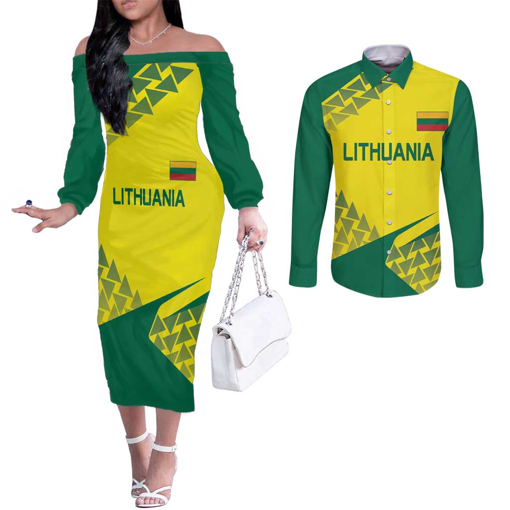 Custom Lithuania Volleyball Couples Matching Off The Shoulder Long Sleeve Dress and Long Sleeve Button Shirt Go Champion Sporty Style