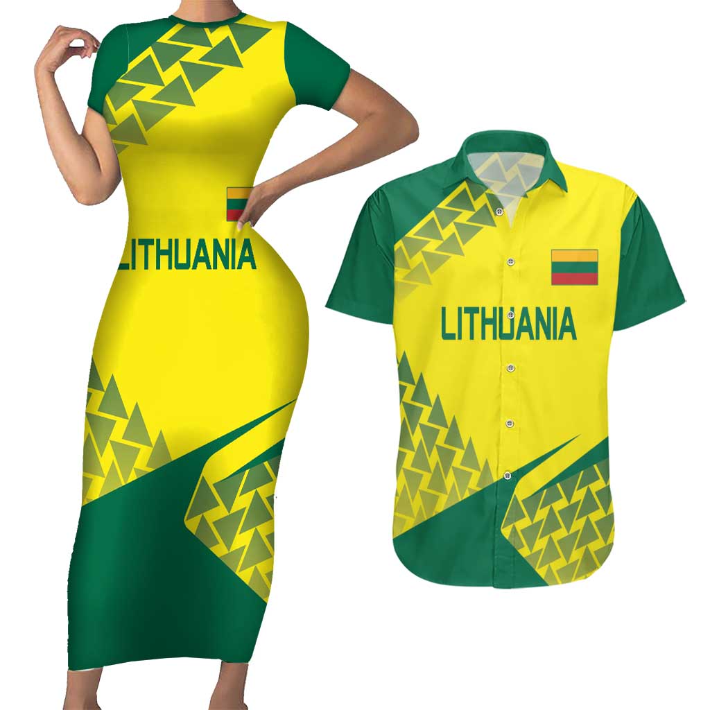 Custom Lithuania Volleyball Couples Matching Short Sleeve Bodycon Dress and Hawaiian Shirt Go Champion Sporty Style - Wonder Print Shop