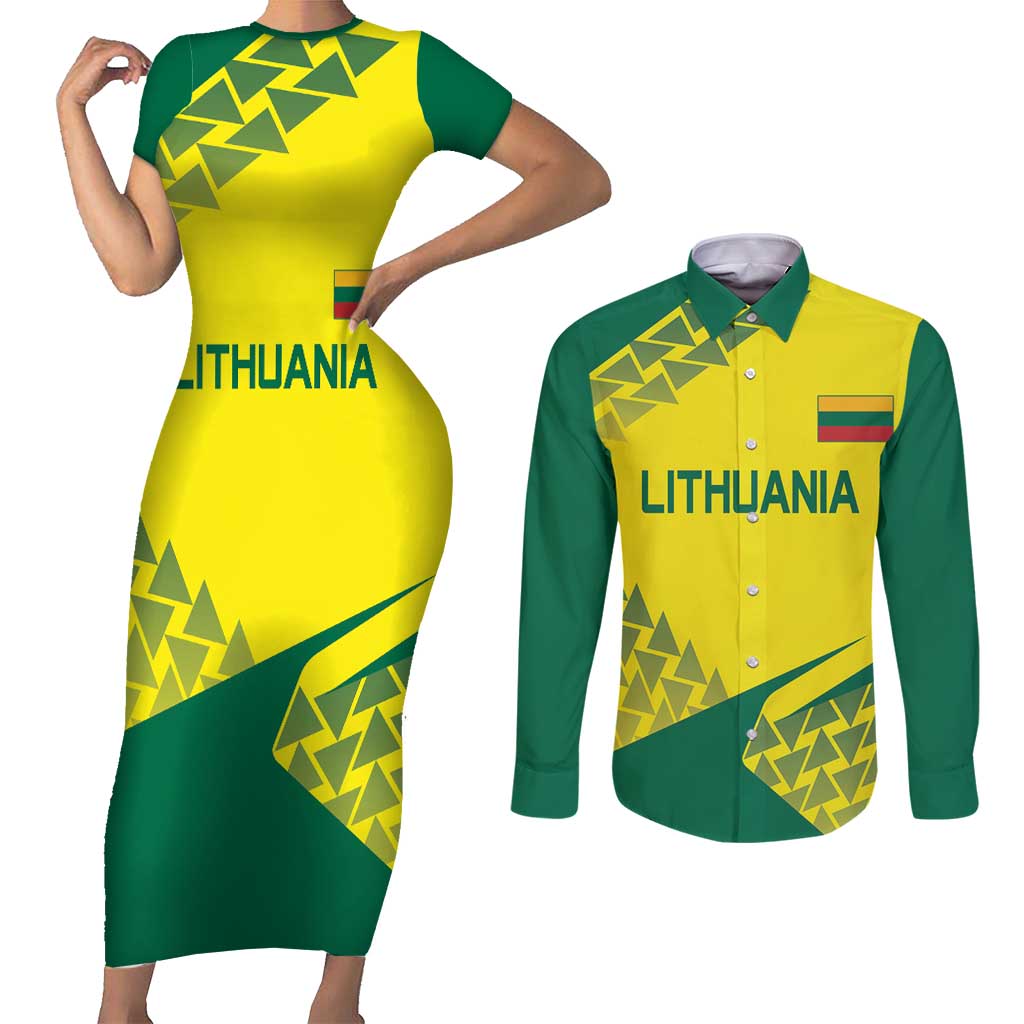 Custom Lithuania Volleyball Couples Matching Short Sleeve Bodycon Dress and Long Sleeve Button Shirt Go Champion Sporty Style - Wonder Print Shop