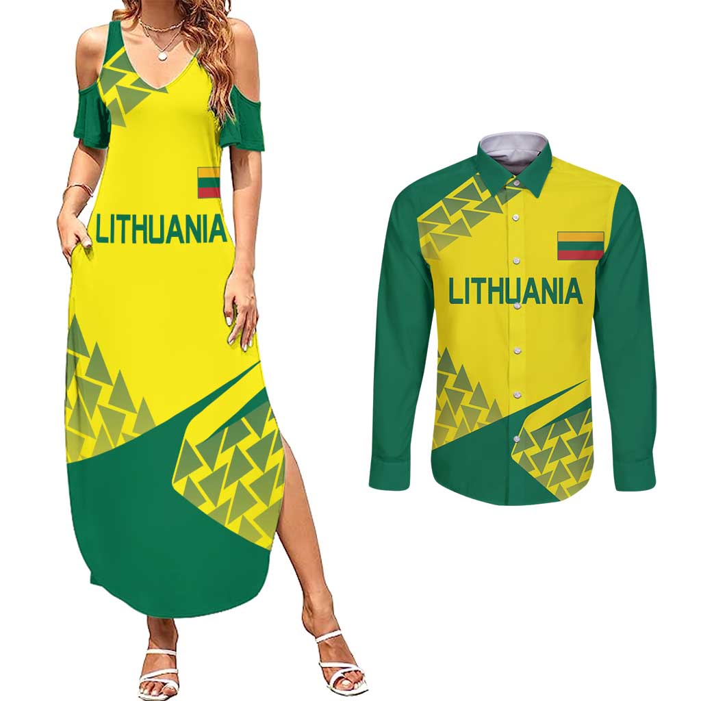 Custom Lithuania Volleyball Couples Matching Summer Maxi Dress and Long Sleeve Button Shirt Go Champion Sporty Style - Wonder Print Shop