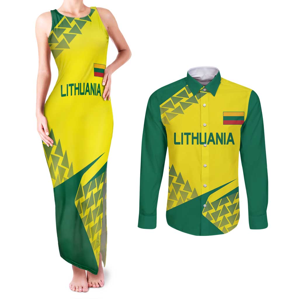 Custom Lithuania Volleyball Couples Matching Tank Maxi Dress and Long Sleeve Button Shirt Go Champion Sporty Style - Wonder Print Shop