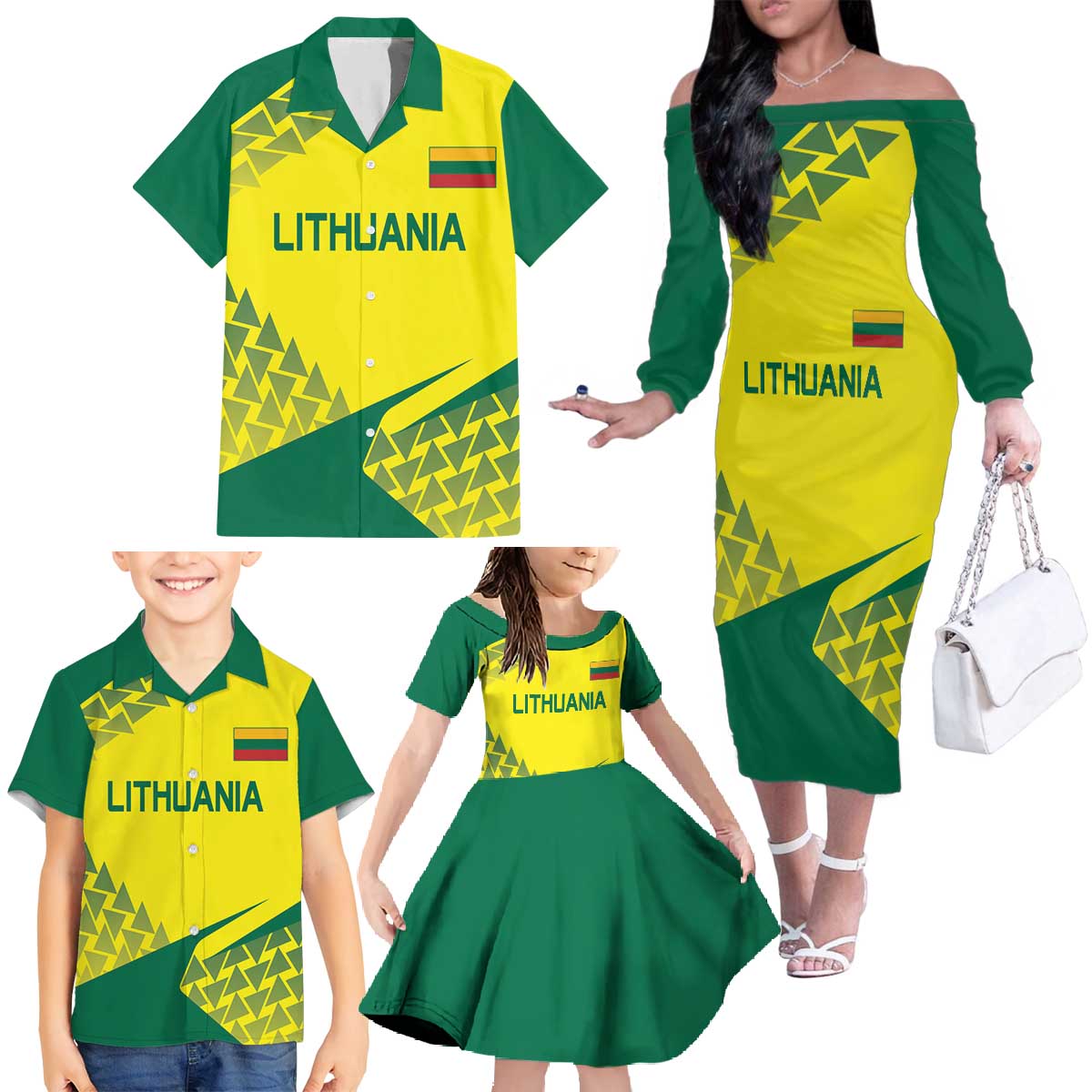 Custom Lithuania Volleyball Family Matching Off The Shoulder Long Sleeve Dress and Hawaiian Shirt Go Champion Sporty Style - Wonder Print Shop