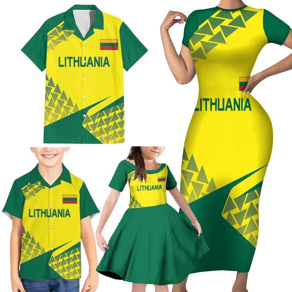 Custom Lithuania Volleyball Family Matching Short Sleeve Bodycon Dress and Hawaiian Shirt Go Champion Sporty Style - Wonder Print Shop