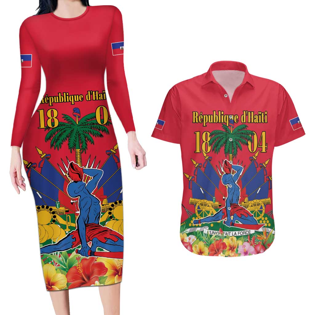 Haiti Independence Day Couples Matching Long Sleeve Bodycon Dress and Hawaiian Shirt Le Marron Inconnu Unity Makes Strength - Wonder Print Shop
