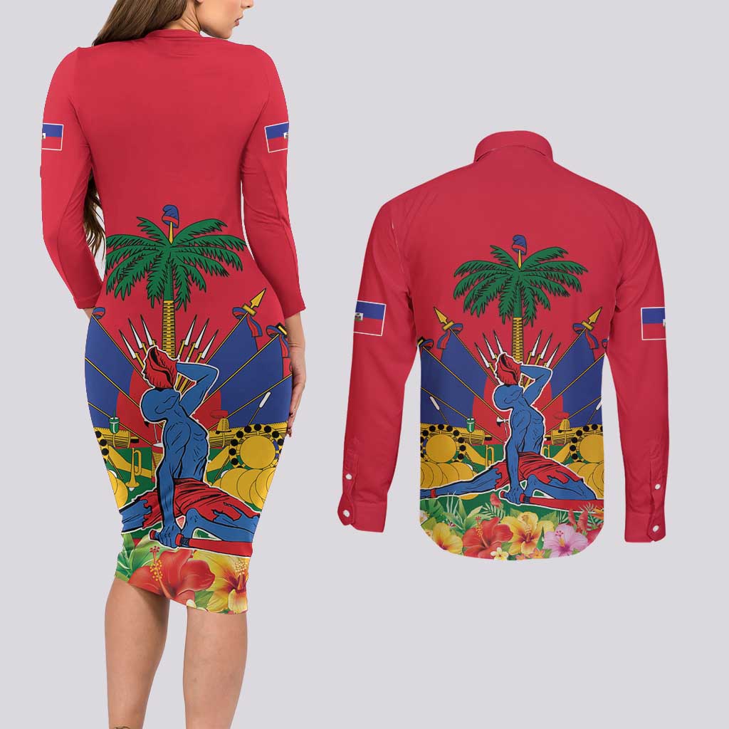 Haiti Independence Day Couples Matching Long Sleeve Bodycon Dress and Long Sleeve Button Shirt Le Marron Inconnu Unity Makes Strength - Wonder Print Shop