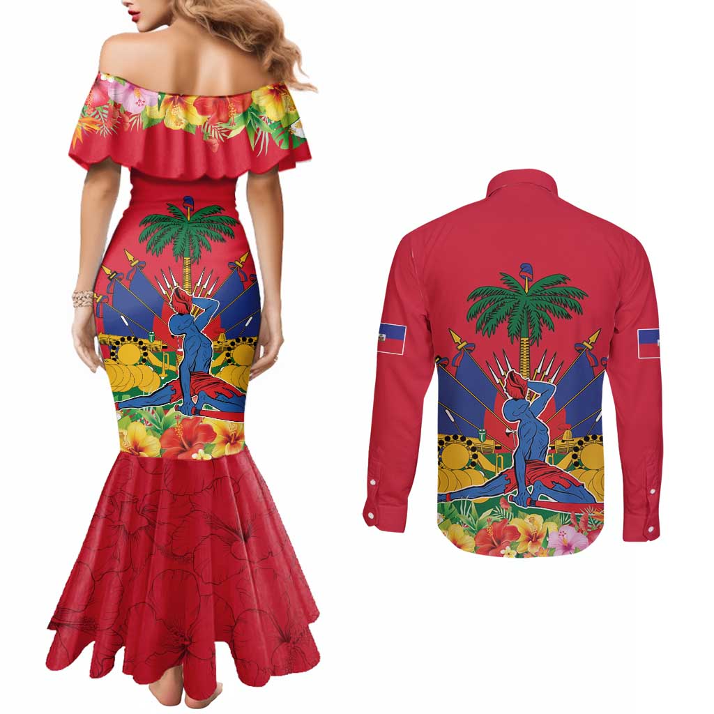 Haiti Independence Day Couples Matching Mermaid Dress and Long Sleeve Button Shirt Le Marron Inconnu Unity Makes Strength