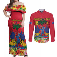 Haiti Independence Day Couples Matching Off Shoulder Maxi Dress and Long Sleeve Button Shirt Le Marron Inconnu Unity Makes Strength - Wonder Print Shop