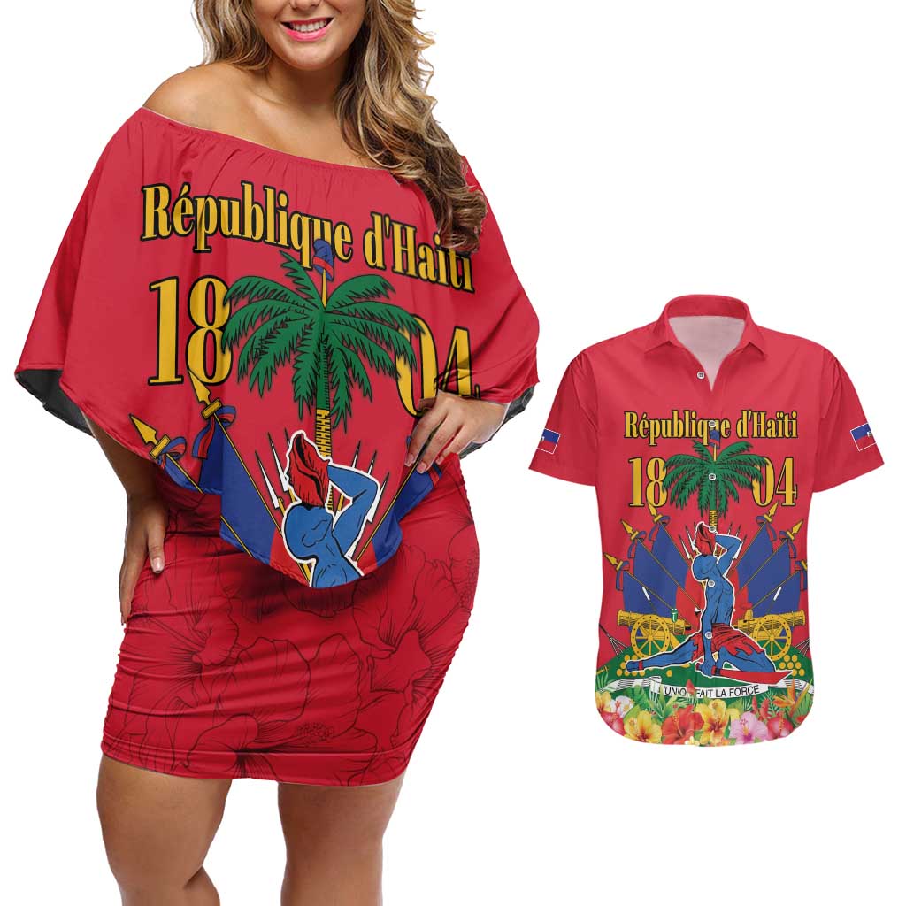 Haiti Independence Day Couples Matching Off Shoulder Short Dress and Hawaiian Shirt Le Marron Inconnu Unity Makes Strength - Wonder Print Shop