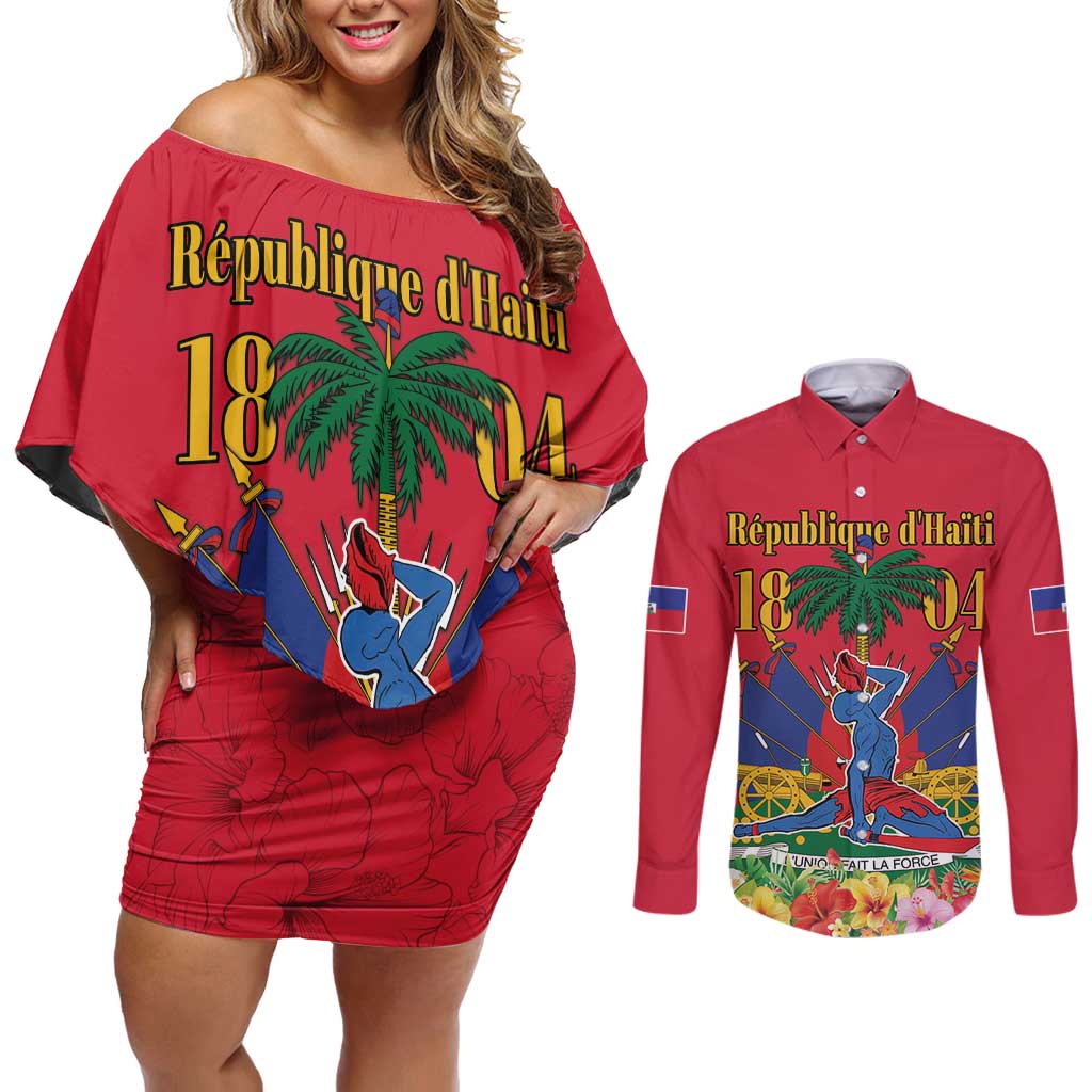 Haiti Independence Day Couples Matching Off Shoulder Short Dress and Long Sleeve Button Shirt Le Marron Inconnu Unity Makes Strength - Wonder Print Shop