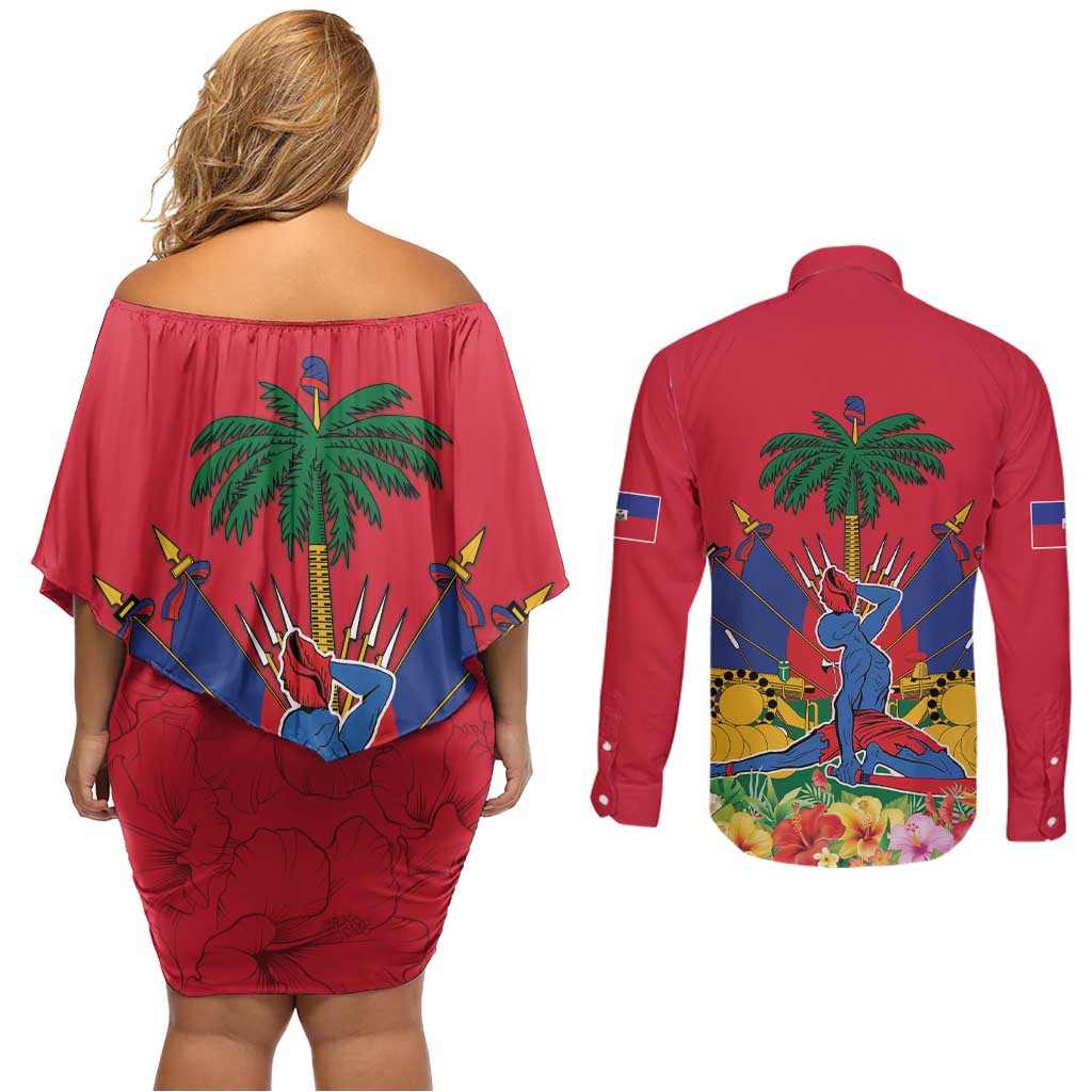 Haiti Independence Day Couples Matching Off Shoulder Short Dress and Long Sleeve Button Shirt Le Marron Inconnu Unity Makes Strength - Wonder Print Shop
