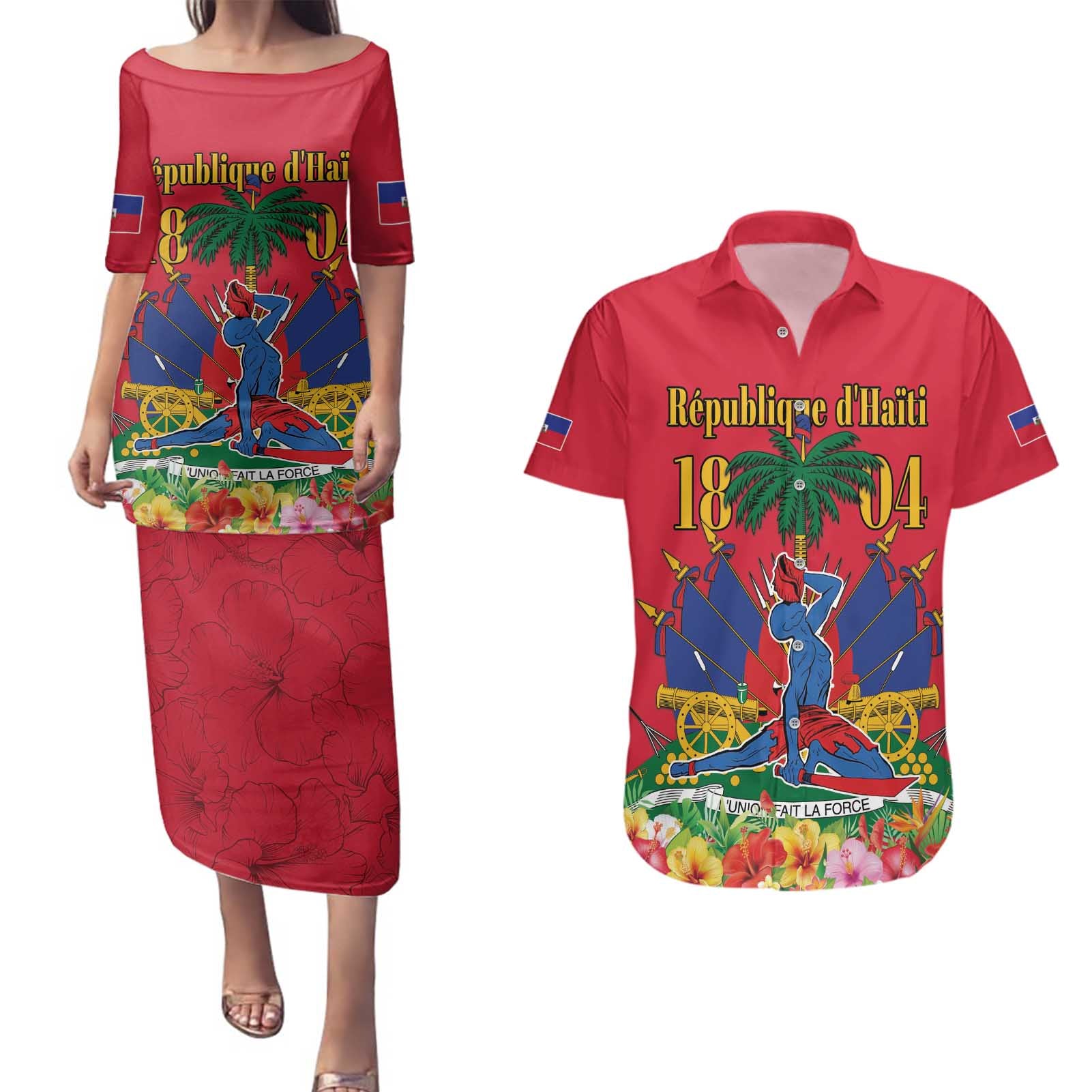 Haiti Independence Day Couples Matching Puletasi and Hawaiian Shirt Le Marron Inconnu Unity Makes Strength - Wonder Print Shop