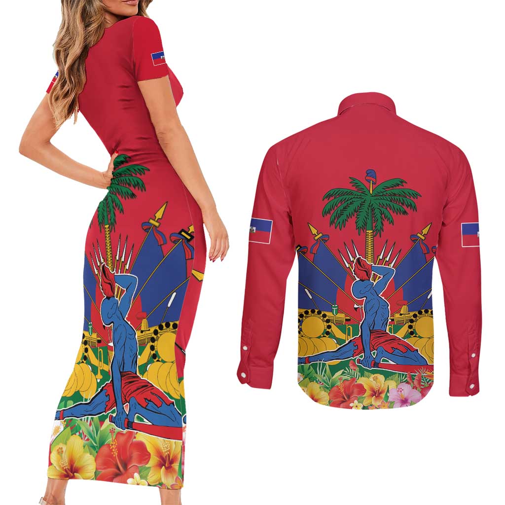 Haiti Independence Day Couples Matching Short Sleeve Bodycon Dress and Long Sleeve Button Shirt Le Marron Inconnu Unity Makes Strength - Wonder Print Shop