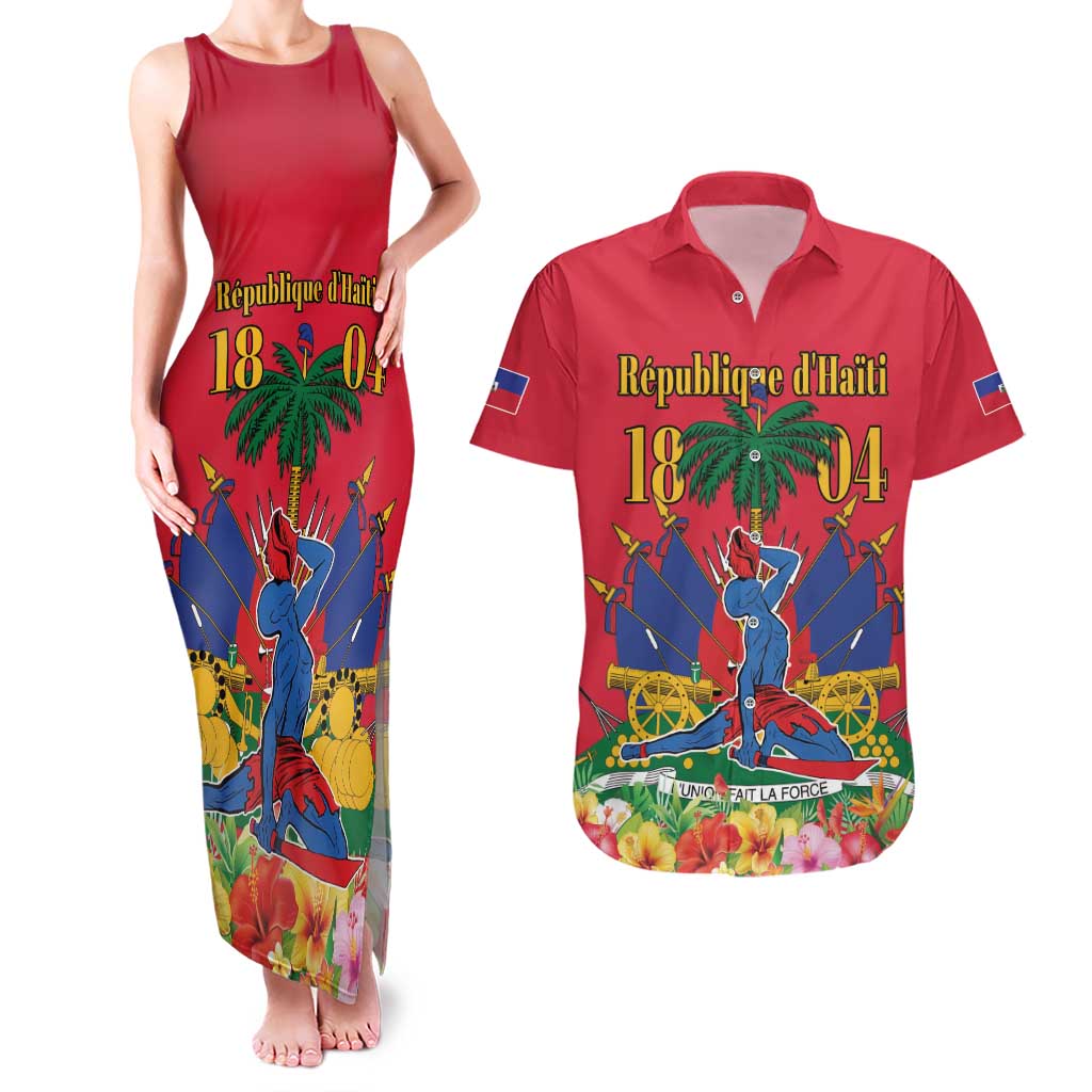 Haiti Independence Day Couples Matching Tank Maxi Dress and Hawaiian Shirt Le Marron Inconnu Unity Makes Strength - Wonder Print Shop