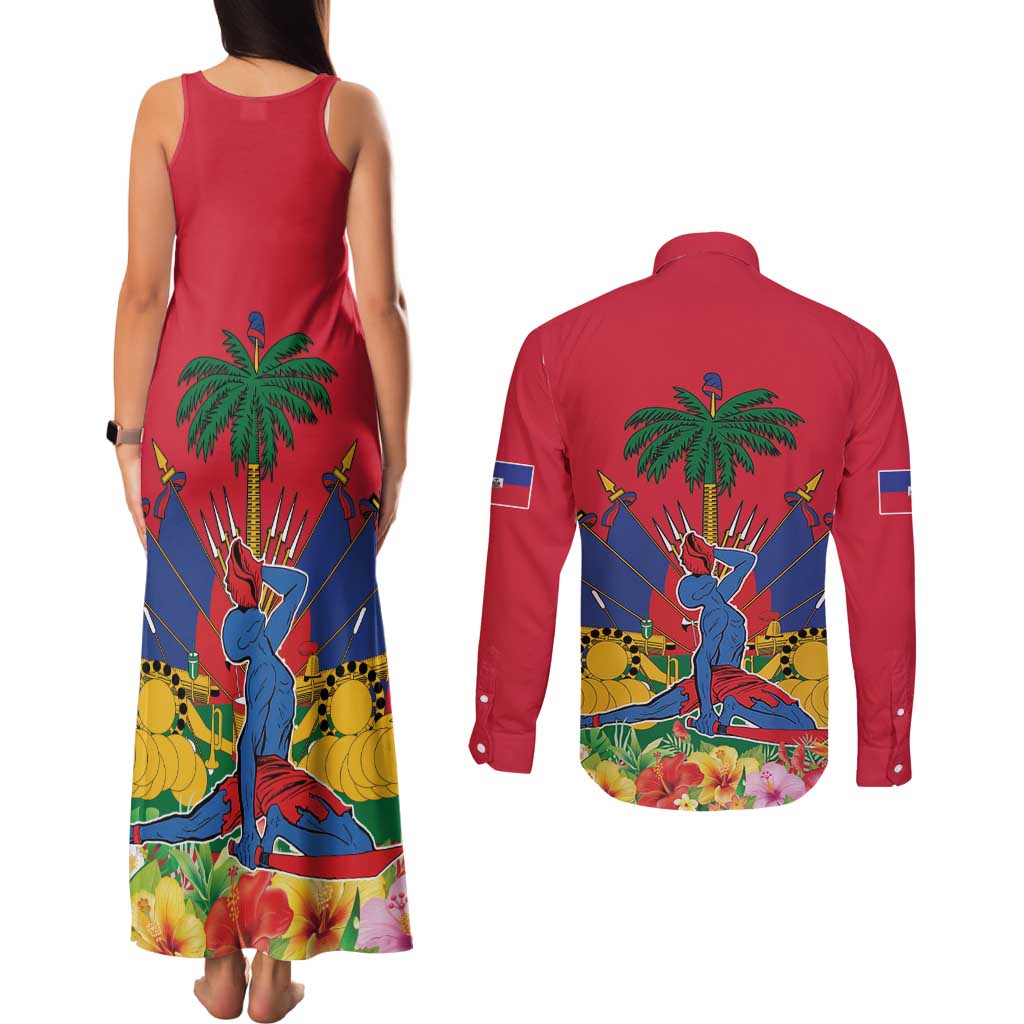 Haiti Independence Day Couples Matching Tank Maxi Dress and Long Sleeve Button Shirt Le Marron Inconnu Unity Makes Strength - Wonder Print Shop
