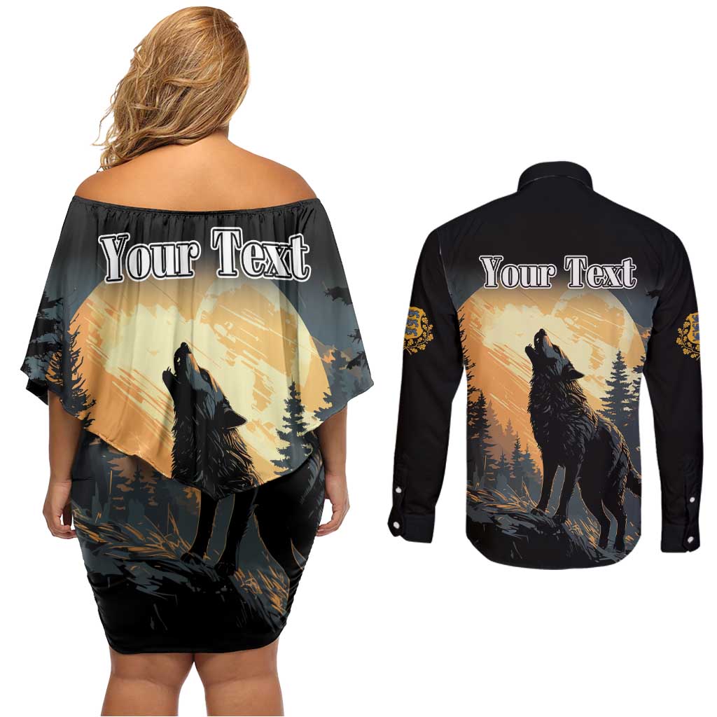Personalized Estonia Couples Matching Off Shoulder Short Dress and Long Sleeve Button Shirt Wolf Howling At The Moon - Wonder Print Shop