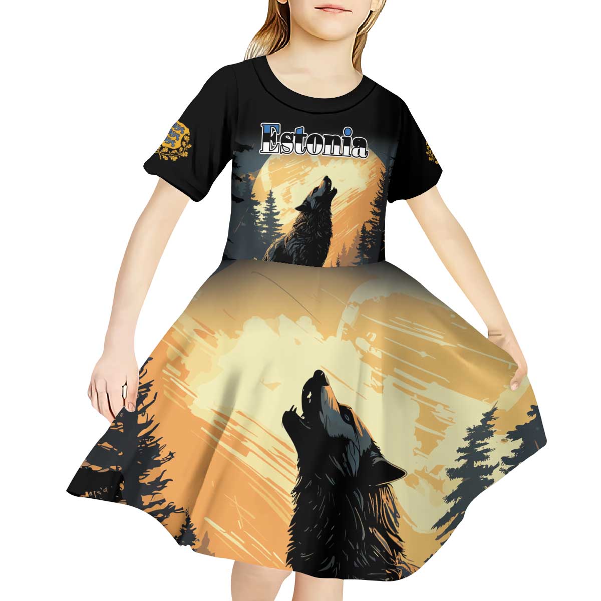 Personalized Estonia Kid Short Sleeve Dress Wolf Howling At The Moon - Wonder Print Shop