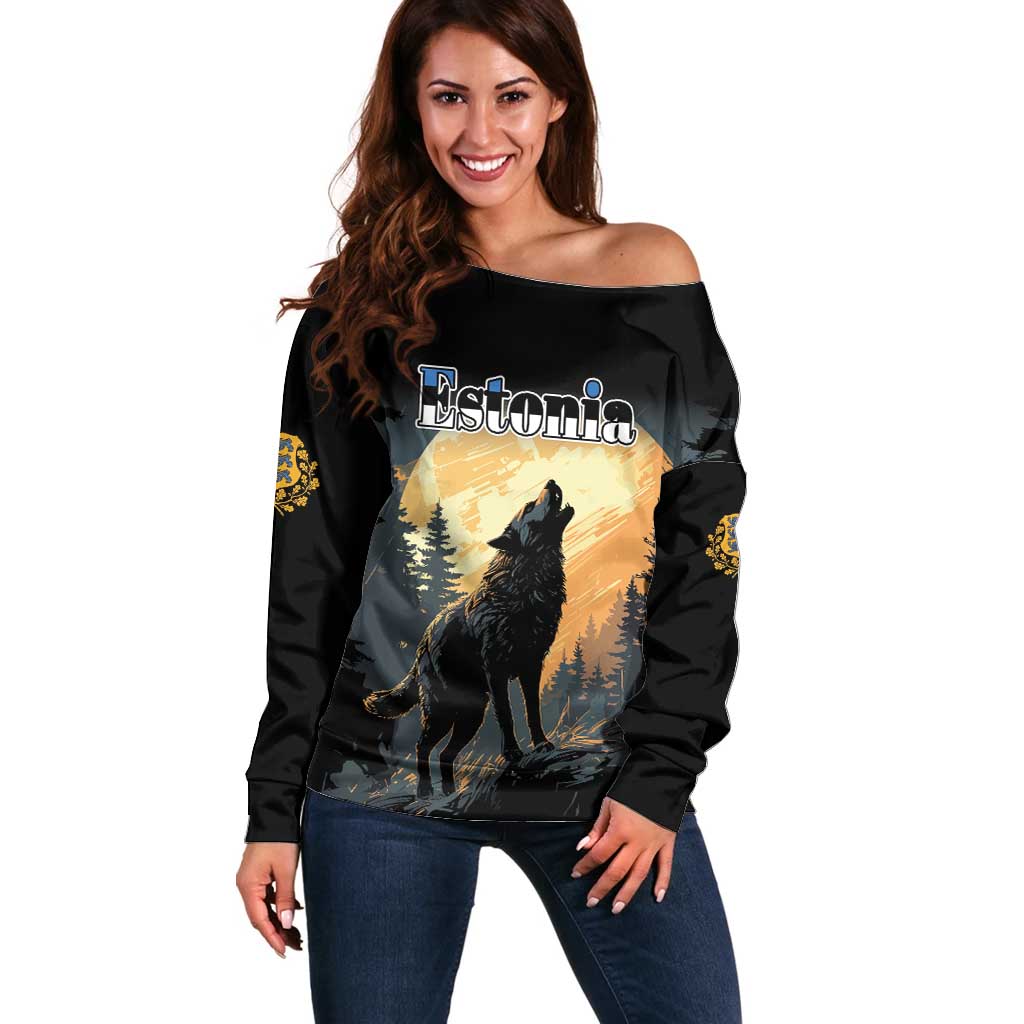 Personalized Estonia Off Shoulder Sweater Wolf Howling At The Moon - Wonder Print Shop