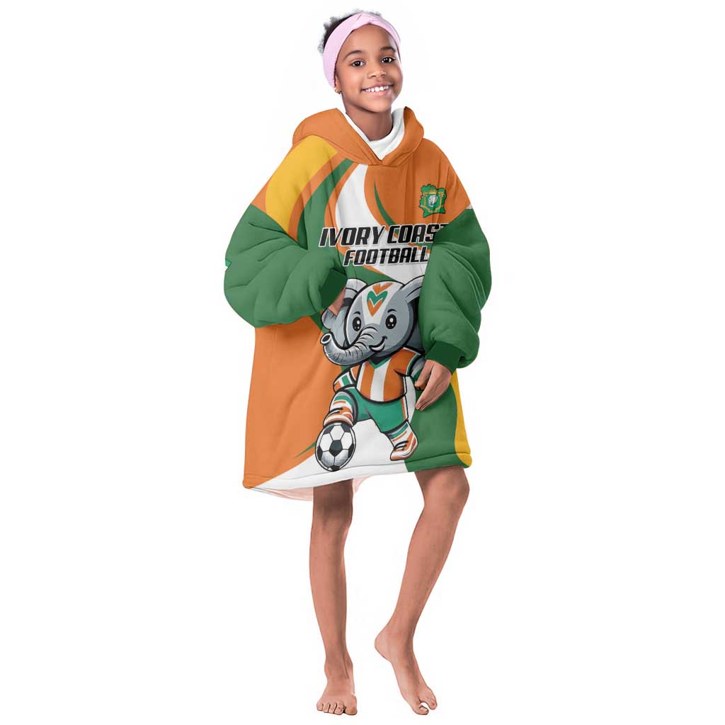 Custom Ivory Coast Football Kid Wearable Blanket Hoodie Les Elephants Mascot - Wonder Print Shop