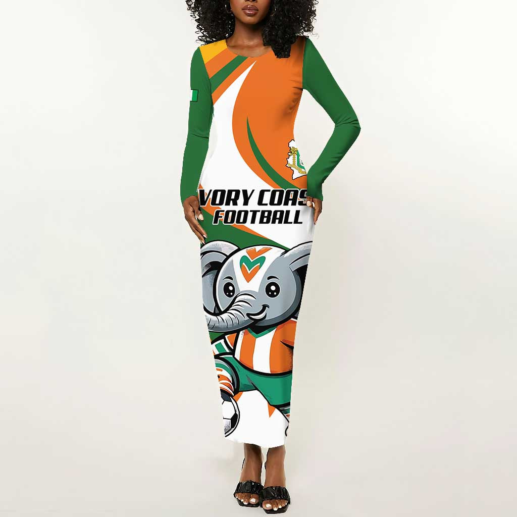 Custom Ivory Coast Football Long Sleeve Bodycon Dress Les Elephants Mascot - Wonder Print Shop