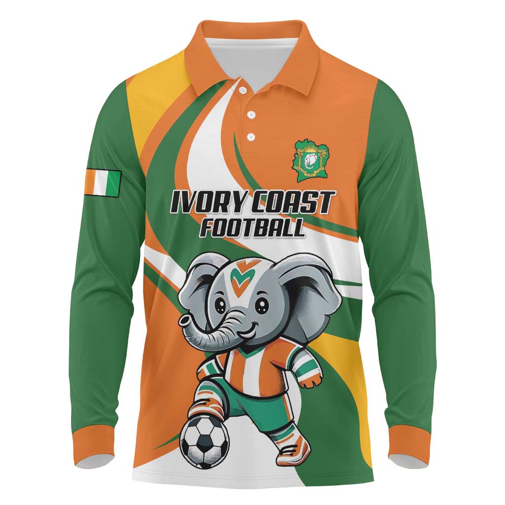 Custom Ivory Coast Football Long Sleeve Polo Shirt Les Elephants Mascot - Wonder Print Shop