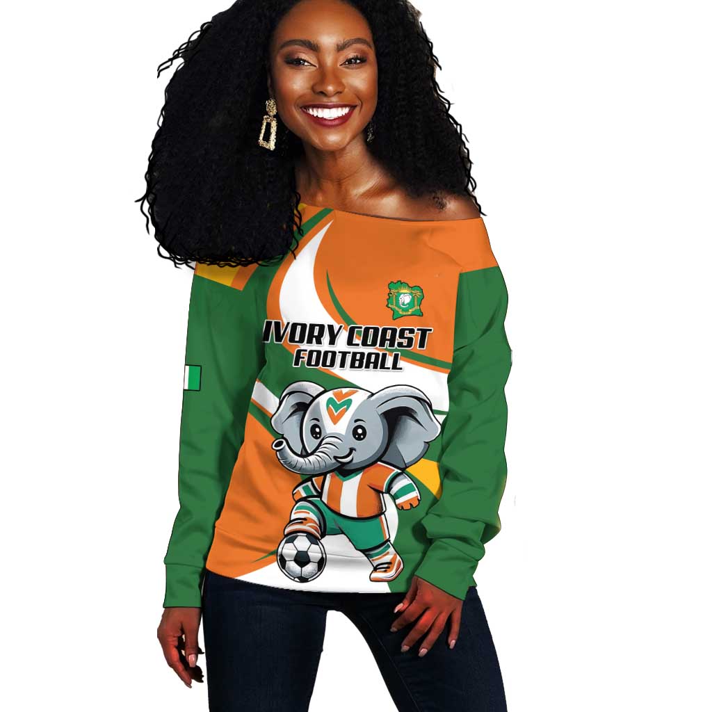 Custom Ivory Coast Football Off Shoulder Sweater Les Elephants Mascot - Wonder Print Shop