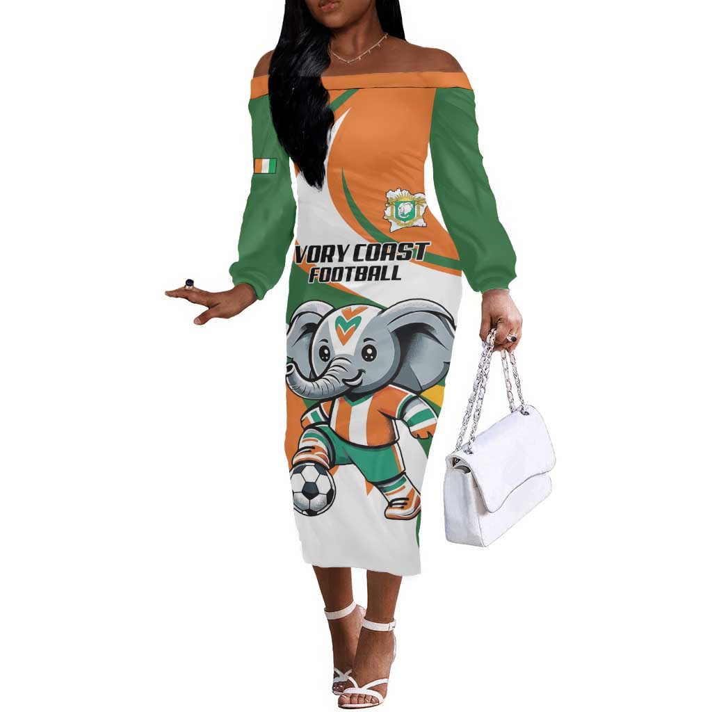 Custom Ivory Coast Football Off The Shoulder Long Sleeve Dress Les Elephants Mascot - Wonder Print Shop