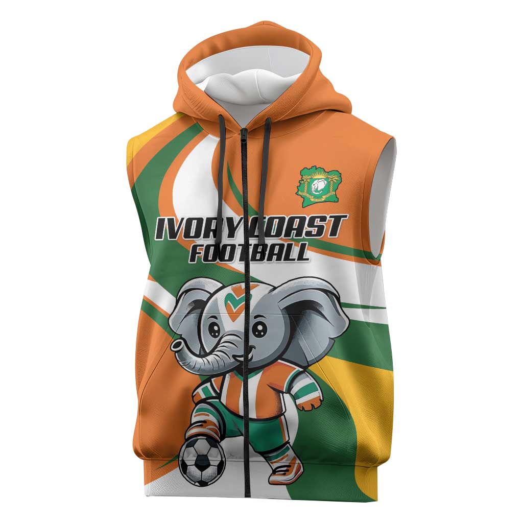 Custom Ivory Coast Football Sleeveless Zip Hoodie Les Elephants Mascot - Wonder Print Shop