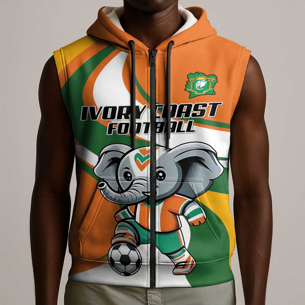 Custom Ivory Coast Football Sleeveless Zip Hoodie Les Elephants Mascot - Wonder Print Shop