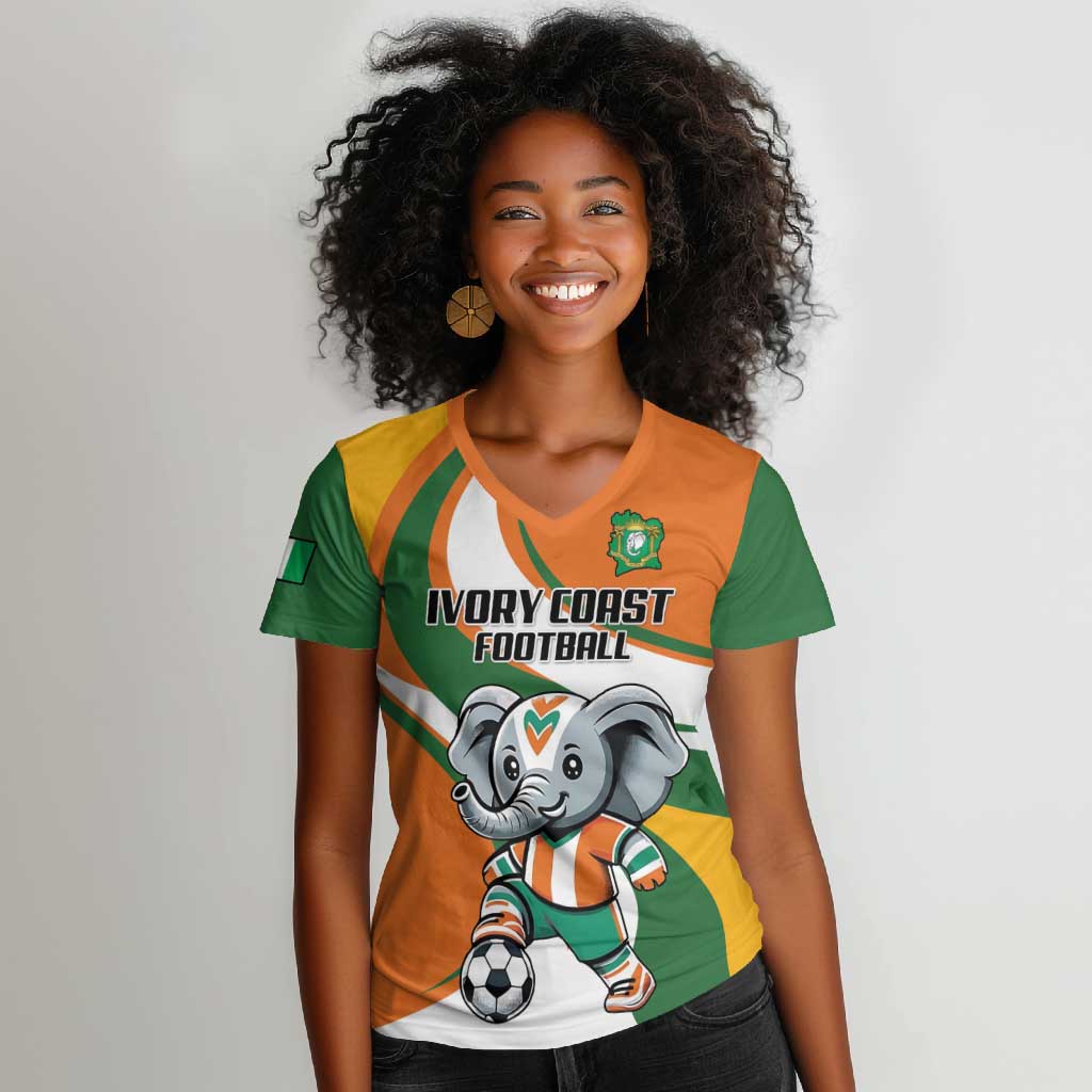 Custom Ivory Coast Football Women V-Neck T-Shirt Les Elephants Mascot LT18