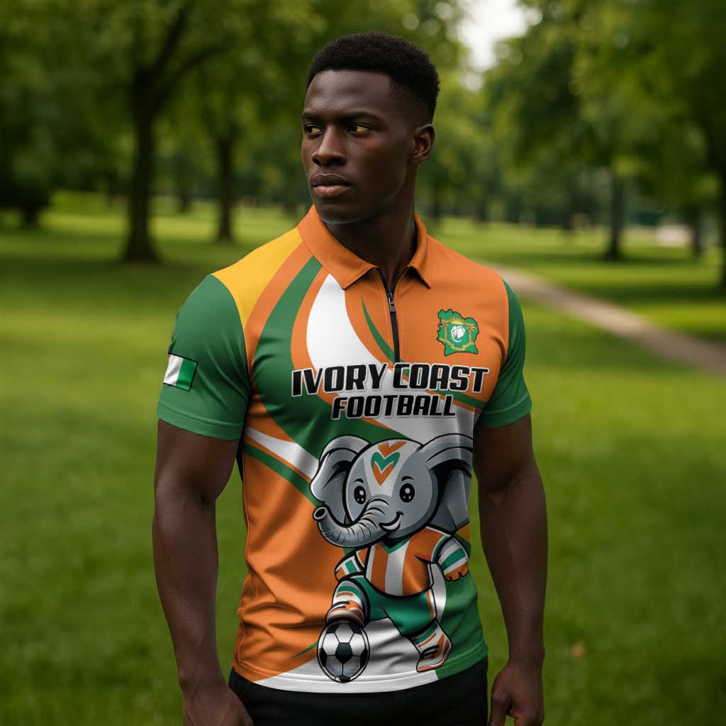 Custom Ivory Coast Football Zipper Polo Shirt Les Elephants Mascot - Wonder Print Shop