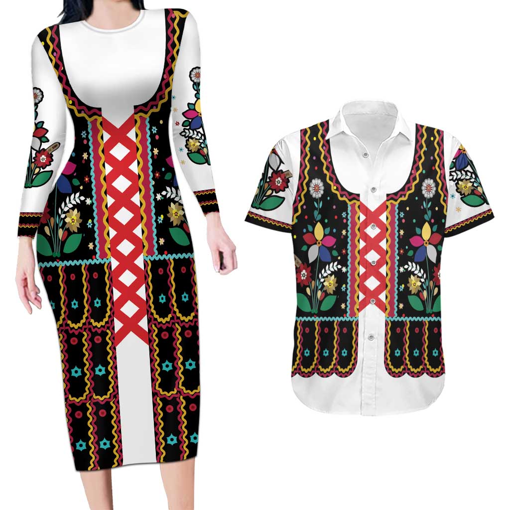 Vintage Polish Gorsecik Couples Matching Long Sleeve Bodycon Dress and Hawaiian Shirt Slavic Floral Folk Art
