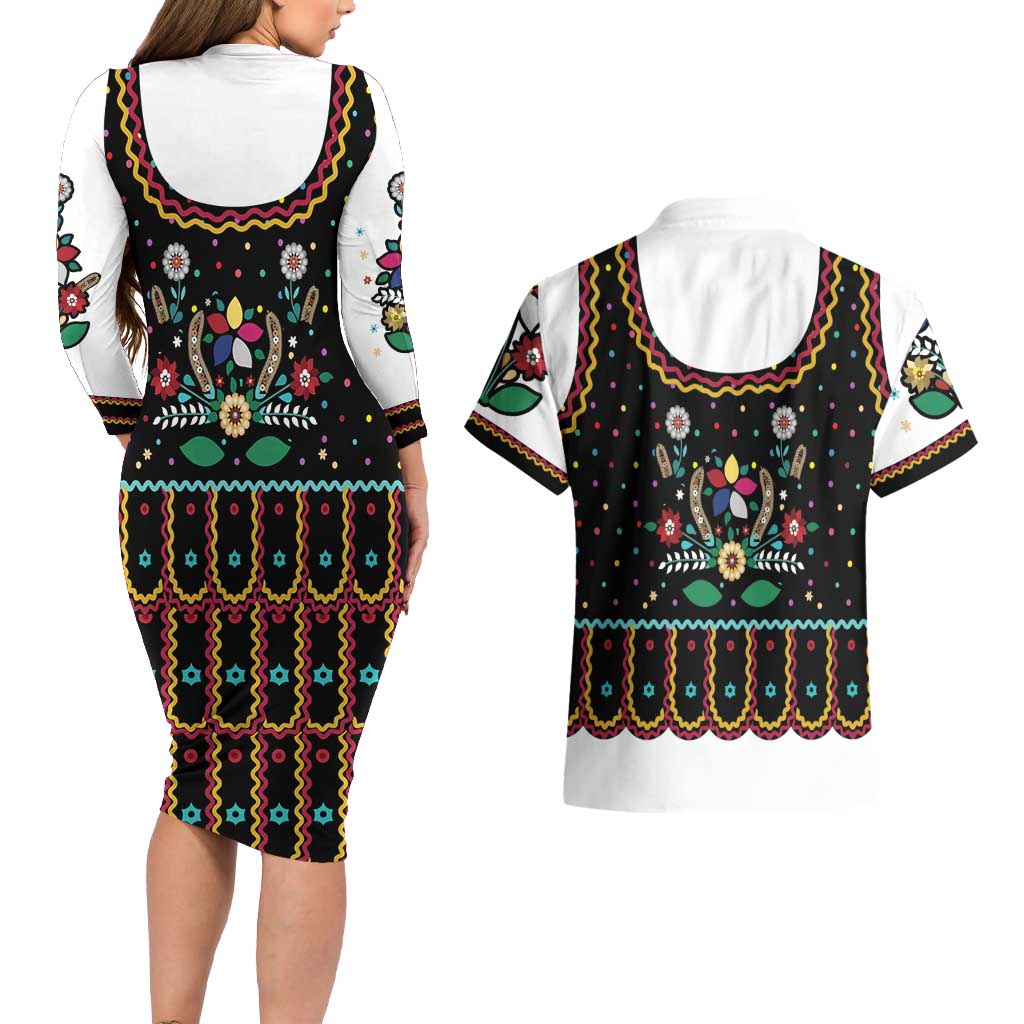Vintage Polish Gorsecik Couples Matching Long Sleeve Bodycon Dress and Hawaiian Shirt Slavic Floral Folk Art
