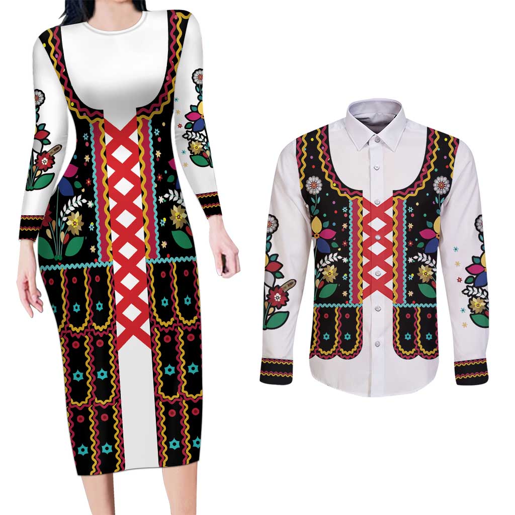 Vintage Polish Gorsecik Couples Matching Long Sleeve Bodycon Dress and Long Sleeve Button Shirt Slavic Floral Folk Art
