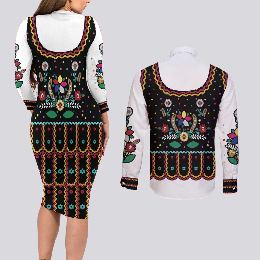 Vintage Polish Gorsecik Couples Matching Long Sleeve Bodycon Dress and Long Sleeve Button Shirt Slavic Floral Folk Art