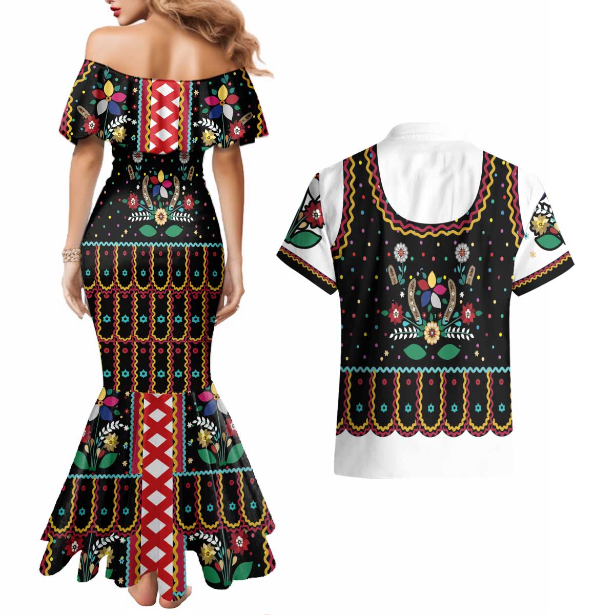 Vintage Polish Gorsecik Couples Matching Mermaid Dress and Hawaiian Shirt Slavic Floral Folk Art