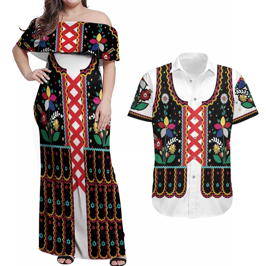 Vintage Polish Gorsecik Couples Matching Off Shoulder Maxi Dress and Hawaiian Shirt Slavic Floral Folk Art