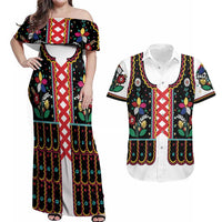 Vintage Polish Gorsecik Couples Matching Off Shoulder Maxi Dress and Hawaiian Shirt Slavic Floral Folk Art