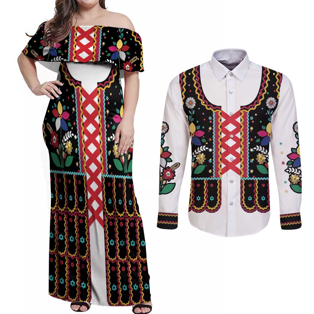 Vintage Polish Gorsecik Couples Matching Off Shoulder Maxi Dress and Long Sleeve Button Shirt Slavic Floral Folk Art
