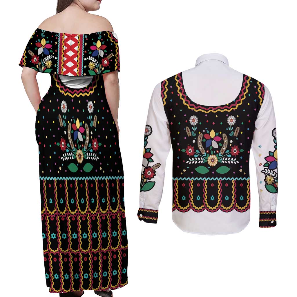Vintage Polish Gorsecik Couples Matching Off Shoulder Maxi Dress and Long Sleeve Button Shirt Slavic Floral Folk Art