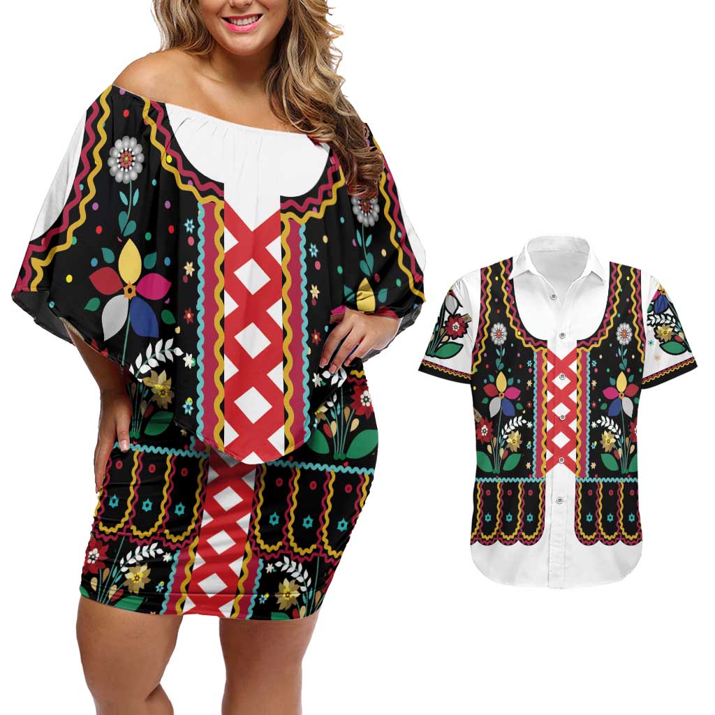 Vintage Polish Gorsecik Couples Matching Off Shoulder Short Dress and Hawaiian Shirt Slavic Floral Folk Art