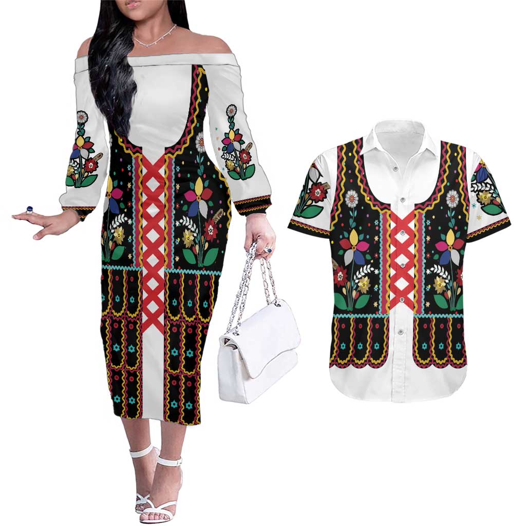 Vintage Polish Gorsecik Couples Matching Off The Shoulder Long Sleeve Dress and Hawaiian Shirt Slavic Floral Folk Art