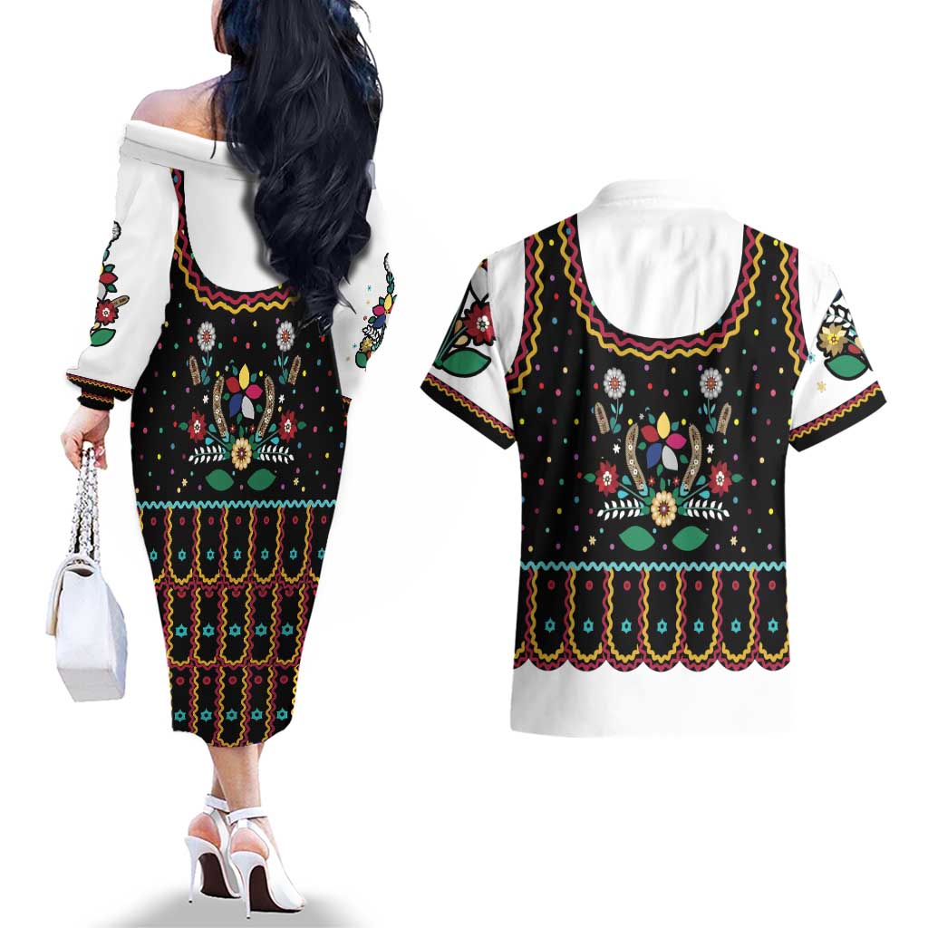 Vintage Polish Gorsecik Couples Matching Off The Shoulder Long Sleeve Dress and Hawaiian Shirt Slavic Floral Folk Art